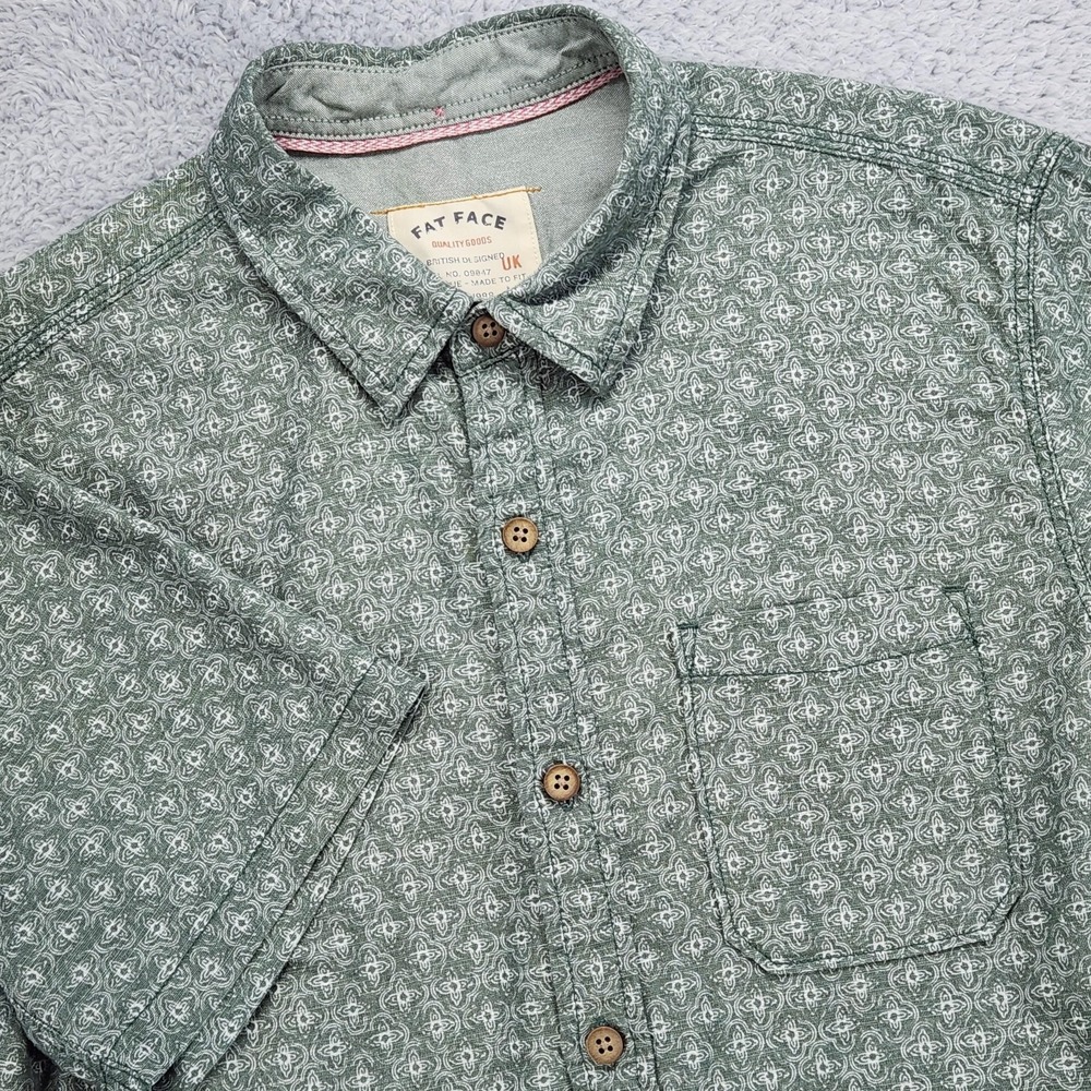 Fat Face Shirt Mens Small Green Geometric Short Sleeve Button Up Cotton Casual